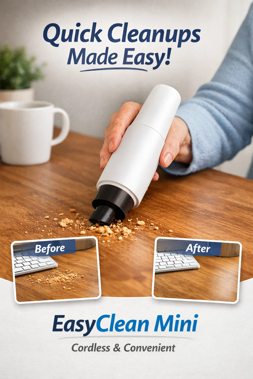 EasyClean Mini white cordless handheld vacuum cleaning crumbs off a wooden table — compact, lightweight, and easy to use
